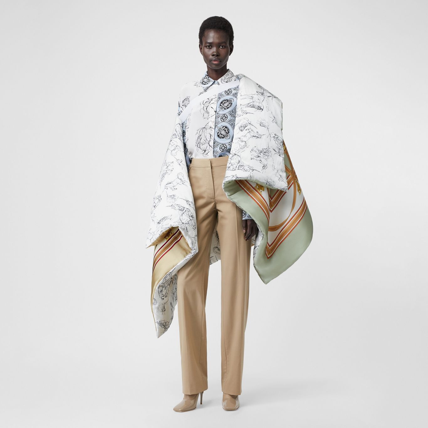 Unicorn Sketch Print Silk Satin Oversized Puffer Cape